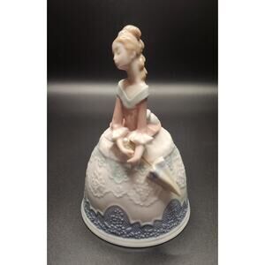 Lladro Porcelain Lady Bell Figurine w Parasol Pink Dress 5” Spain  No Box
